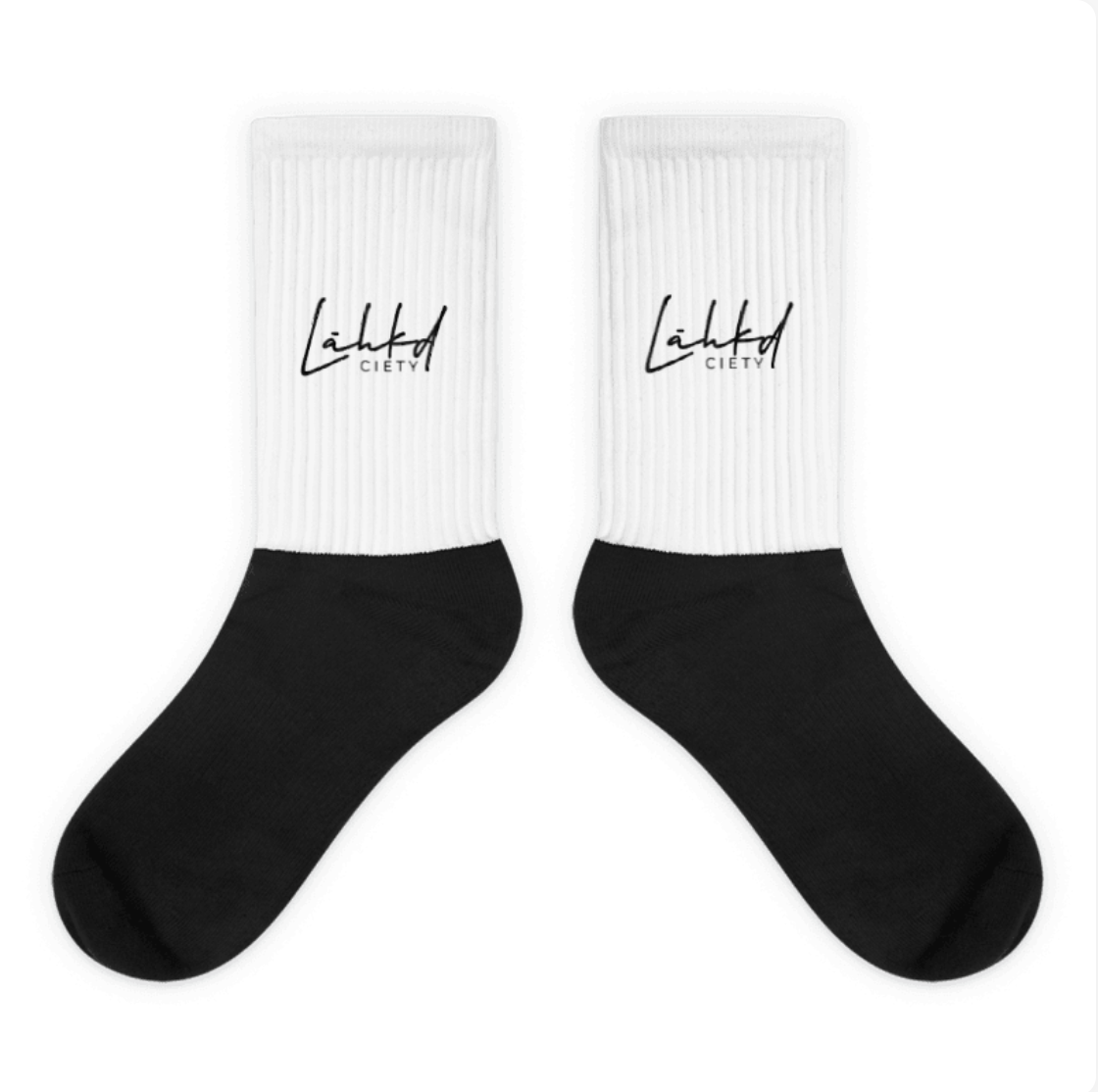 LAHKDciety Black & White Cursive Logo Socks